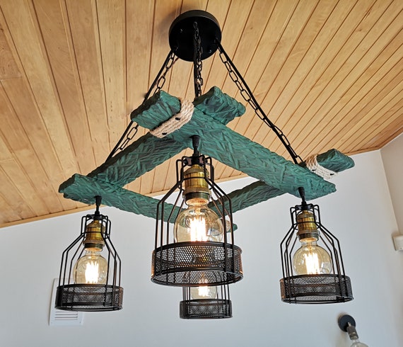 Rustic Light Fixture - Green Light - Rustic Lighting - Green Wood Light - Wood Chandelier - Rustic Light - Farmhouse Light -Dining