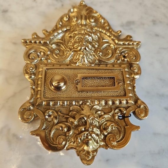 Vintage Solid Brass Victorian Doorbell Push, Ornate Green Man Door Bell Button, Decorative Entryway Hardware, Wall Mounted Brass Doorbell