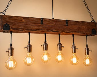 Rustic Wood Beam Chandelier, 6 Light Farmhouse Kitchen Island Lighting, Pendant Ceiling Light, Adjustable Hanging Lamp