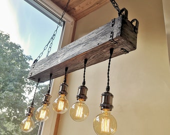 Handmade Beam Chandelier - Wood Beam Chandelier Wooden Chandelier Rustic Lighting Farmhouse Pendant Hanging Lamp Indoor Lighting Ceiling