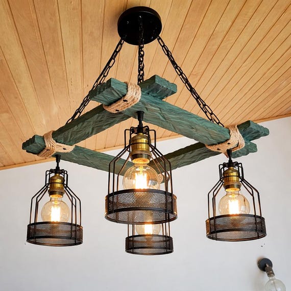 Green Wood Chandelier: Rustic Farmhouse Light Fixture No US CUSTOMS FEES