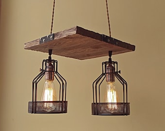 Dark Wood Ceiling Light Fixture With Metal Lamp Shades