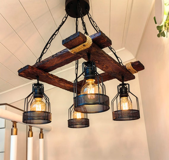 Rustic Wooden Pendant Light – Farmhouse Beam Chandelier for Kitchen Island, Dining Room or Living Room