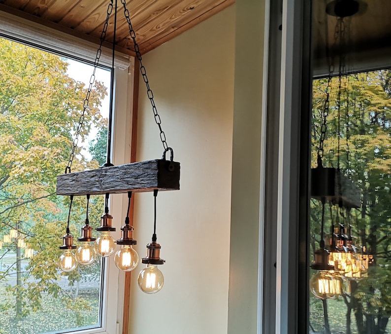 Handmade Beam Chandelier Wood Beam Chandelier Wooden Chandelier Rustic Lighting Farmhouse Pendant Hanging Lamp Indoor Lighting Ceiling image 5