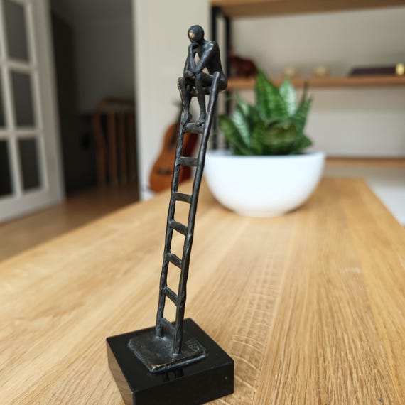 Corry Ammerlaan Man on Ladder Sculpture on Granite Base - Dutch Modern Art Figurine - Bronze Finish Statue