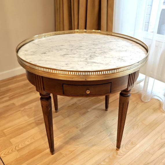 Antique French Louis XVI Marble Top Side Table | Mahogany & Brass End Table | Round Accent Table with Leather Drawer | Early 1900s