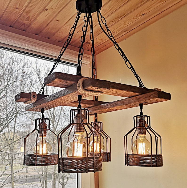 Rustic Light Fixture - Hanging Light - Rustic Lighting - Industrial Pendant Light - Wood Chandelier - Rustic Light - No US CUSTOMS FEES image 7