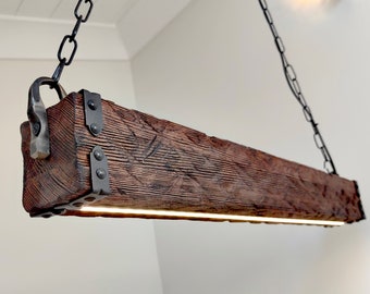 Rustic Wooden Beam Chandelier, Indoor Farmhouse Pendant Lamp with LED Lights, Ceiling Lighting