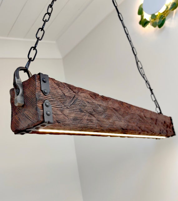 Rustic Wooden Beam Chandelier, Indoor Farmhouse Pendant Lamp with LED Lights, Ceiling Lighting