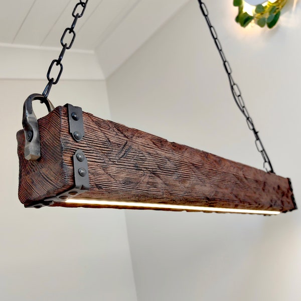 Rustic Wooden Beam Chandelier, Indoor Farmhouse Pendant Lamp with LED Lights, Ceiling Lighting