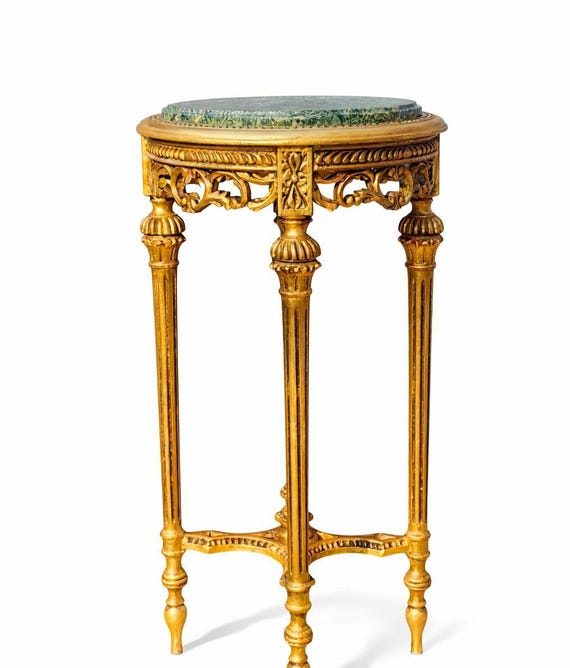 Antique French Louis XVI Gilt Pedestal Table with Marble Top - Elegant Side Table / Plant Stand, Early 20th Century
