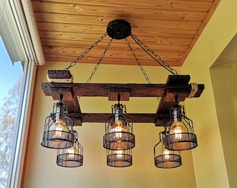 Handmade Rustic Wood Chandelier, Pendant Light, No US CUSTOMS FEES