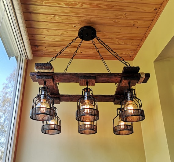 Rustic Light Fixture - Hanging Light - Rustic Lighting - Industrial Pendant Light - Wood Chandelier - Rustic Light - Farmhouse Light -Dining