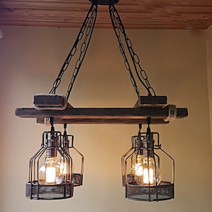 Lampada rustica Lampada a sospensione Illuminazione rustica Lampada a sospensione industriale Lampadario in legno Luce rustica Luce della fattoria Sala da pranzo immagine 8