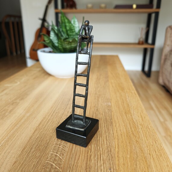 Corry Ammerlaan Man on Ladder Sculpture on Granite Base - Dutch Modern Art Figurine - Bronze Finish Statue