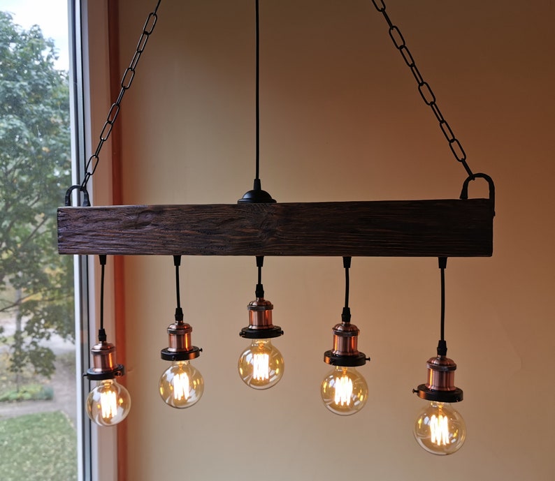 Handmade Beam Chandelier Wood Beam Chandelier Wooden Chandelier Rustic Lighting Farmhouse Pendant Hanging Lamp Indoor Lighting Ceiling image 3