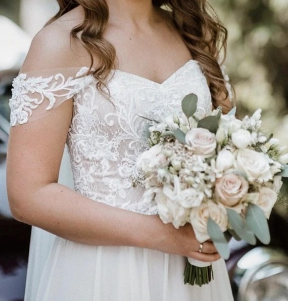 Lace Corset Wedding Dress, Detachable Train, Slit, Ivory Blush, EU 36 S