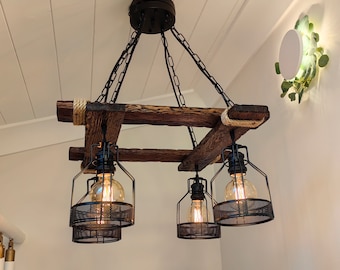 Modern Wood Beam Chandelier - Minimal Pendant Light for Kitchen Island & Dining Room