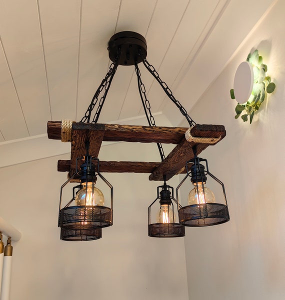 Rustic Wooden Pendant Light – Farmhouse Beam Chandelier for Kitchen Island, Dining Room or Living Room
