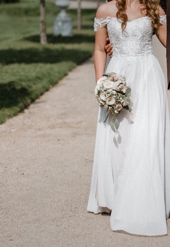 Lace Corset Wedding Dress, Detachable Train, Slit, Ivory Blush, EU 36 S