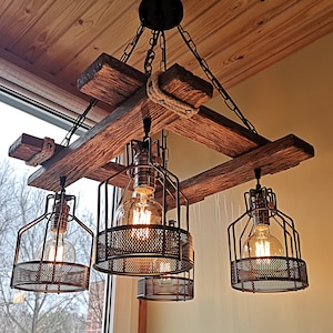 Rustic Light Fixture - Hanging Light - Rustic Lighting - Industrial Pendant Light - Wood Chandelier - Rustic Light - No US CUSTOMS FEES image 4