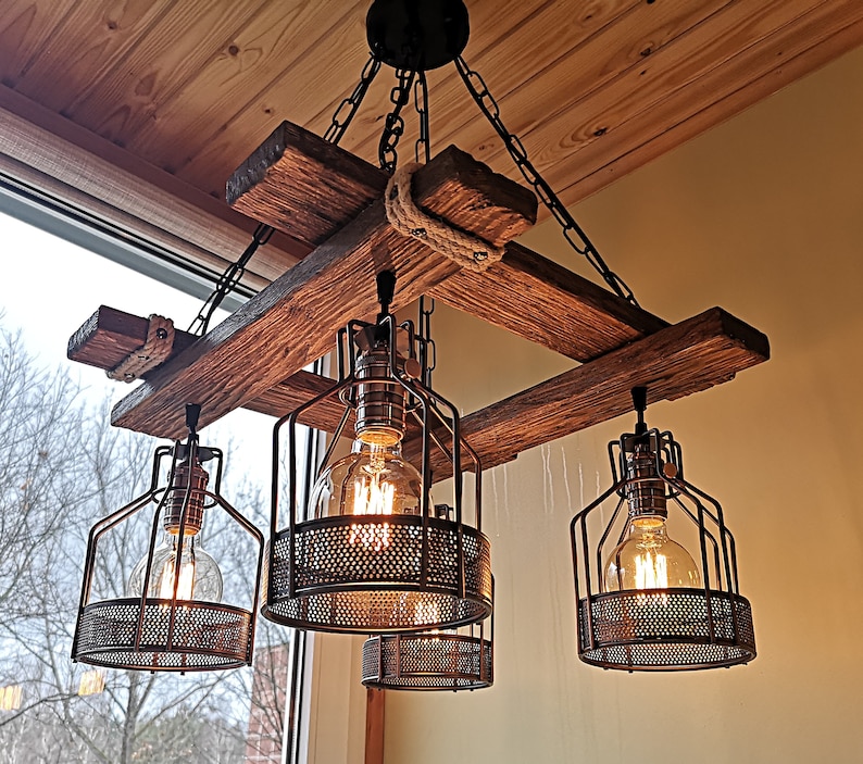 Rustic Light Fixture - Hanging Light - Rustic Lighting - Industrial Pendant Light - Wood Chandelier - Rustic Light - No US CUSTOMS FEES image 4