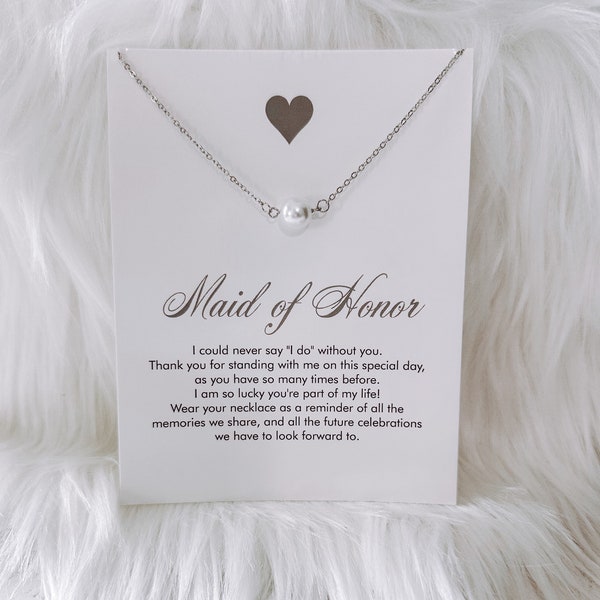 Maid of Honor Pearl Necklace & Card, Maid of Honor Wedding Jewelry, Dainty Simple Classic Wedding Necklace