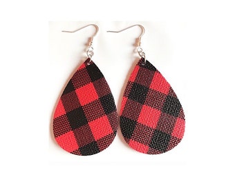 Buffalo Plaid Drop Earrings | Black & White Plaid | Faux Leather Teardrop Earrings | Plaid Earrings