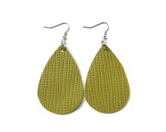 Bamboo Green Drop Earrings | Faux Leather Teardrop Earrings