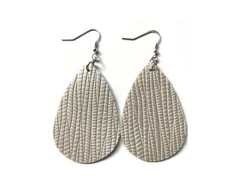 Shiny Silver Drop Earrings | Faux Leather Teardrop Earrings