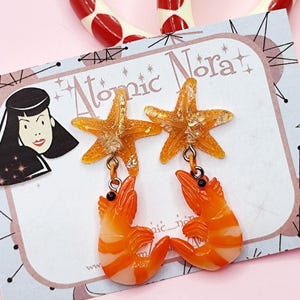 Tiki earrings with shrimps, Tropical jewelry, 50s inspired earrings, Rockabilly earrings, handmade by Atomic Nora
