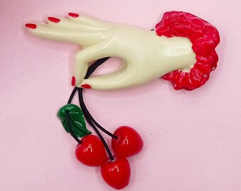 Hand brooch with cherries pendant-Celluloid and bakelite inspired in Fakelite-Handmade by Atomic Nora