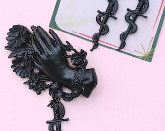 Victorian Hand Brooch in Black Resin with Sword and Snake Charms and maching esrrings–Inspired by Elegant Vintage Jewelry