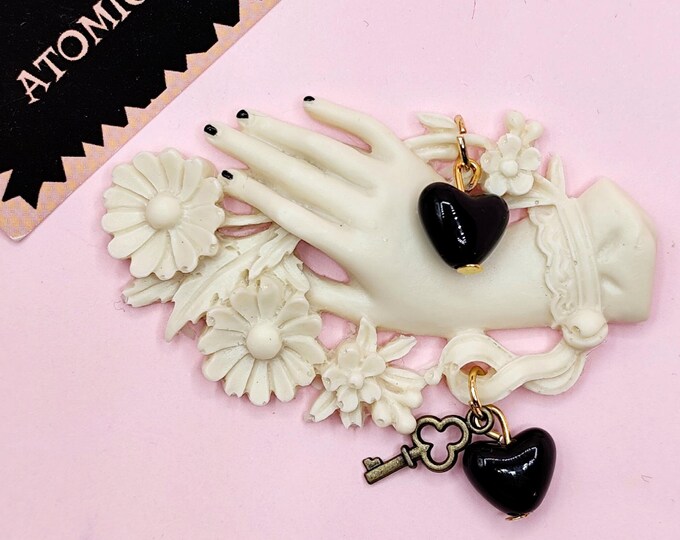 Ivory Resin Victorian Hand Brooch With Dangling Black Hearts-brooch ...