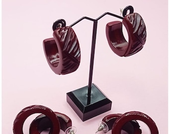 Big dark brown-Bordeaux earrings carved hoop earrings-Resin earrings-Inspired by Bakelite- Fakelite- Rockabilly earrings