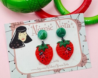 Strawberry earrings with ladybirds - 1950s earrings-Vintage reproduction earrings-Carmen Miranda-Fruit earrings