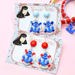 Nautical earrings with lifebuoy and anchor, marine-style summer accessories, Rockabilly earrings, 50s 60s Vintage style jewelry