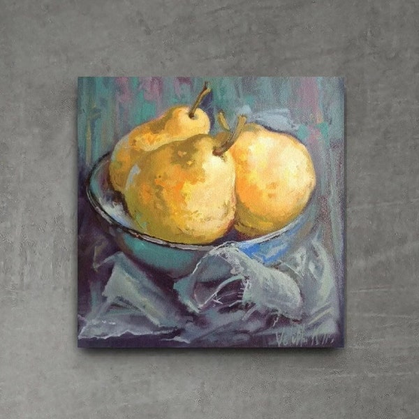 Pera pintura al óleo original, Bodegón de frutas de mediados de siglo Pintura Obra de arte Impresionismo Pintura al óleo Idea perfecta para regalo de inauguración de la casa