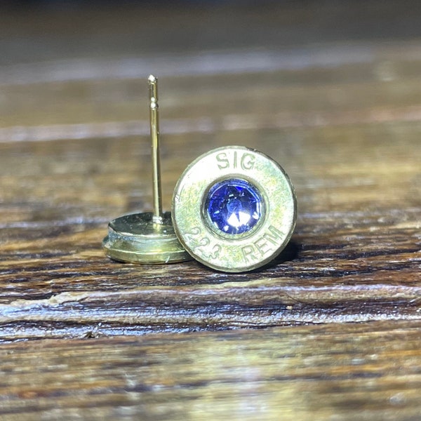 223 Bullet Earrings-Stud Earrings-Light Purple Swarovski Crystal- Thin Cut-Ammo Jewelry-Rifle Casing Earring