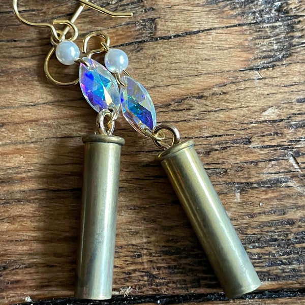 Unique .22 long Bullet Earrings-Dangle Earrings- Iridescent Swarovski Crystal and Pearl-Ammo Jewelry