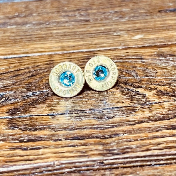 270 Bullet Earrings-Stud Earrings-Light Blue Swarovski Crystal- Thin Cut-Ammo Jewelry-Rifle Casing Earring