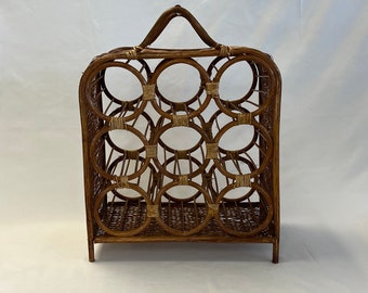 Mid-Century Freestanding Bent Rattan and Wicker Nine-Bottle Wine Rack Vintage 1970s With Handle Boho Chic Coastal MCM Rattan Bottle Holder