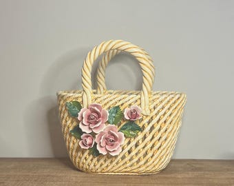 Vintage Capodimonte Porcelain Basket Italy | Handcrafted Floral Wicker Style Vase | Pink Roses Italian Ceramic | Cottagecore Decor