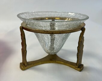 Vintage Brass Stand with Crackle Glass Bowl Catch-all bowl