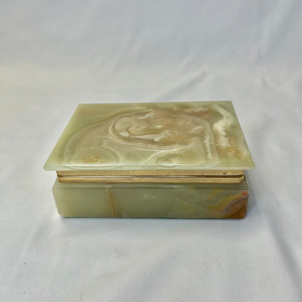 Vintage Onyx Trinket Box Gold Hinge Light Green Yellow Tan