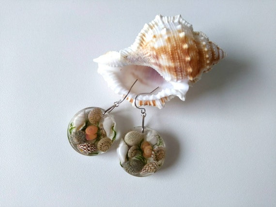 Sea shell earrings Sea shell art resin Dangle shell earrings | Etsy