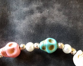 Pink white blue skull bracelet, pink bracelet, white bracelet,blue bracelet, pink white and blue bracelet,skull bracelet,goth bracelet