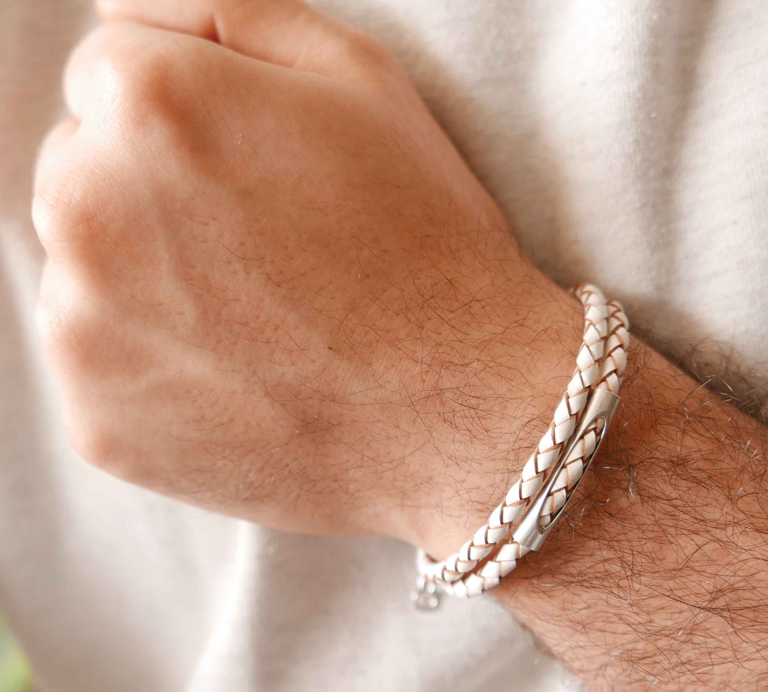 Mens white leather bracelet Clearance