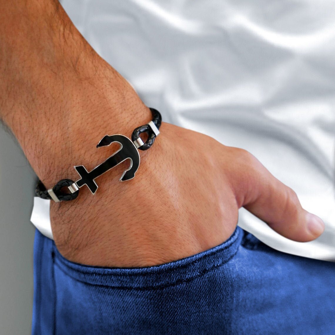 Men's Leather Bracelet Men's Anchor Bracelet Etsy