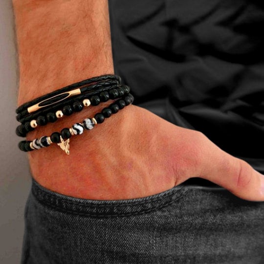 Men's Beaded Bracelet Set Men's Leather Bracelet - Etsy